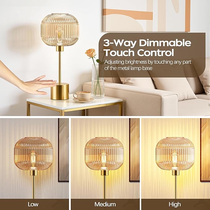QiMH Glass Table Lamp for Living Room, Modern Bedside Lamp with Champagne Ribbed Glass Shade, 3-Way Dimmable Touch Control Nightstand Lamp for Bedroom, Brushed Gold (2700K LED Bulb Included)