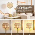 QiMH Glass Table Lamp for Living Room, Modern Bedside Lamp with Champagne Ribbed Glass Shade, 3-Way Dimmable Touch Control Nightstand Lamp for Bedroom, Brushed Gold (2700K LED Bulb Included)