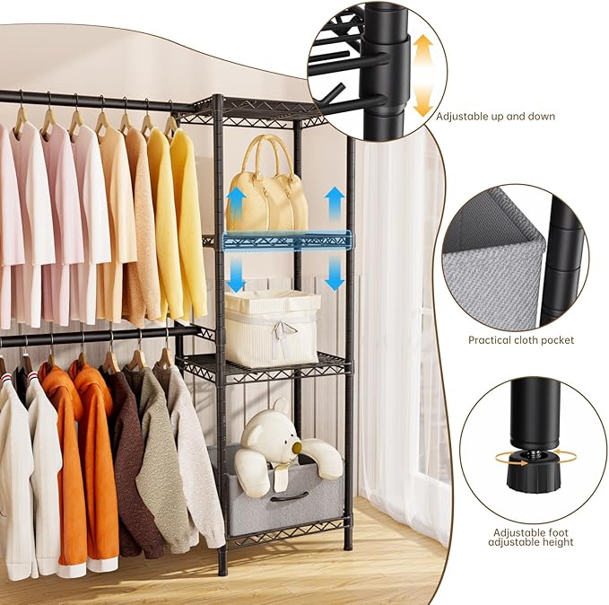 Coat Rack Clothes Wardrobe：Closet Organizer and Storage Clothing Garment Rack with Shelves Heavy Duty for Hanging Clothes Portable Adjustable Black 15.8" Dx(70-88.5)" Wx76.5 H