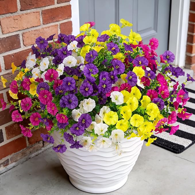 12 Bundles Morning Glory Artificial Flowers for Outdoor Decoration UV Resistant Fake Plastic Plants Artificial Greenery for Indoor Outdoor Garden Patio Window Box Home Decor