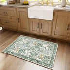Botanical Floral Washable Entryway Area Rug 2x3 Light Green Cream Vintage Garden Design, Perfect for Soft Door Mat Indoor Entrance, Ultra-Thin Easy Clean Small Throw Carpet for Bedroom Bathroom