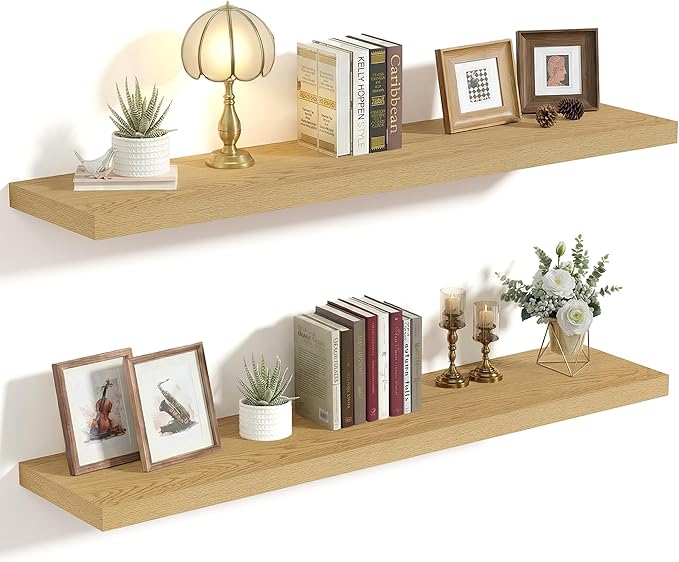 Vivelove 10" Deep Floating Shelves with Invisible Brackets, 36" Wall Shelves for Bathroom Bedroom Kitchen Living Room Laundry Room, Modern Rustic Shelves for Home Decor, 36"x10.2"x1.5", Set of 2, Oak