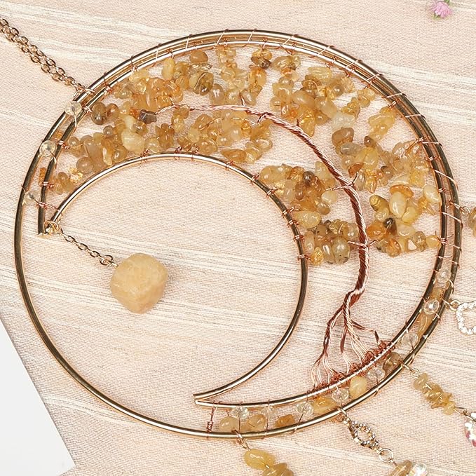 Yellow Gemstone Dream Catcher 7 Chakras Tree of Life Moon Dream Catchers with Healing Crystal Stones Handmade Suncatcher Dreamcatcher Wall Decor for Adults Living Room,Bedroom,Garden,Bless Gift