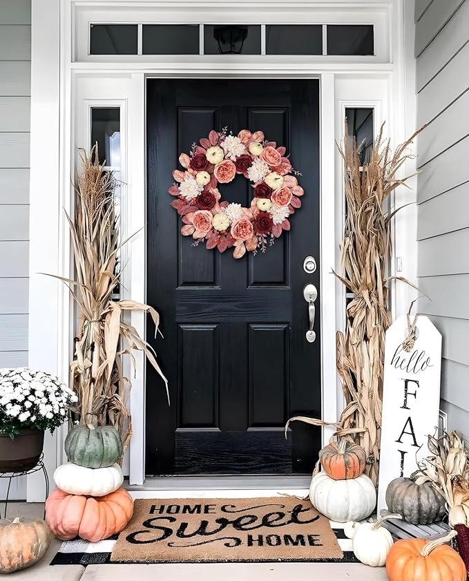 24 Inch Fall Wreaths for Front Door Outside Autumn Silk Flower Wreath with White Artificial Pumpkins, Peony, Rose & Leaves – Fall Door Wreath for Outdoor Indoor Thanksgiving Decor Pink and Burgundy