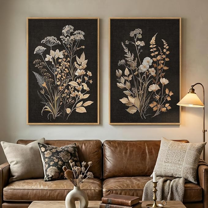 Large Framed Vintage Botanical Wall Art Set of 2, Neutral Farmhouse Moody Floral Canvas Painting Prints, Rustic Dark Academia Flower Pictures for Living Room Bedroom Kitchen Wall Decor, 24x36 Inch