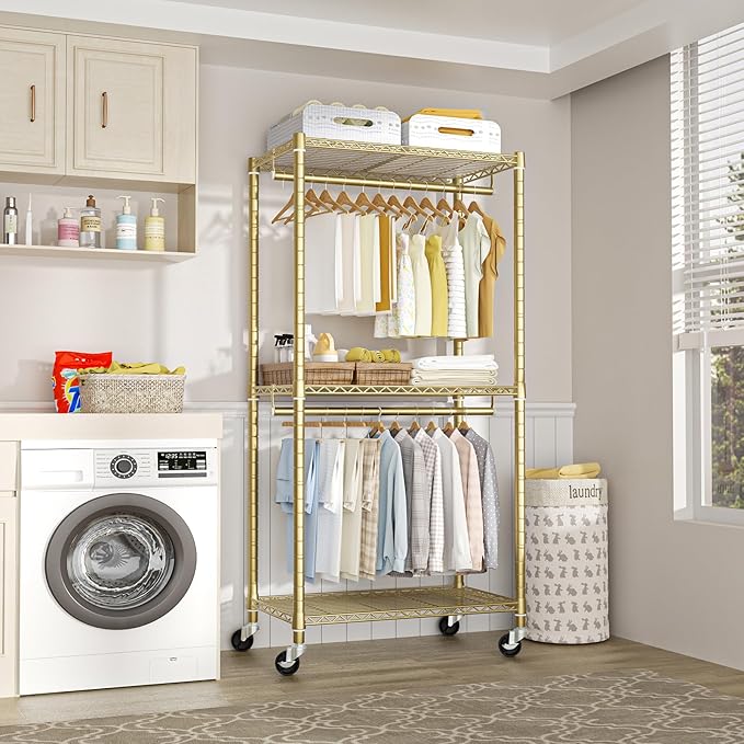 FUTASSI P1 Medium Heavy-Duty Portable Closet, 30" W x 14" D x 76" H, Metal Rolling Clothing Rack, Gold
