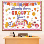 Pajean Groovy Bulletin Board Retro Hippie Boho Classroom Decoration Ready for a Groovy Year Paper Cutouts for Back to School First Day Door Wall Window Chalkboard Decor