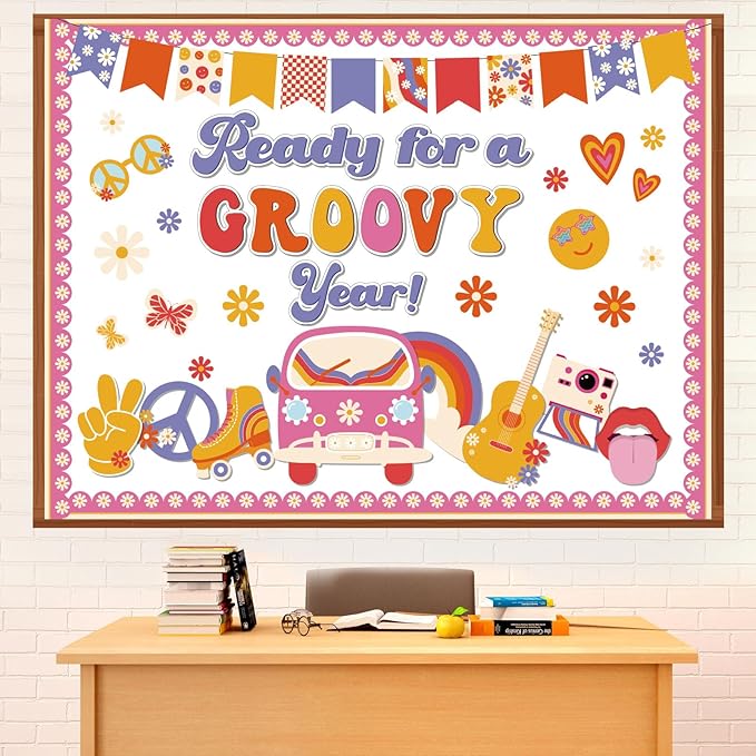 Pajean Groovy Bulletin Board Retro Hippie Boho Classroom Decoration Ready for a Groovy Year Paper Cutouts for Back to School First Day Door Wall Window Chalkboard Decor