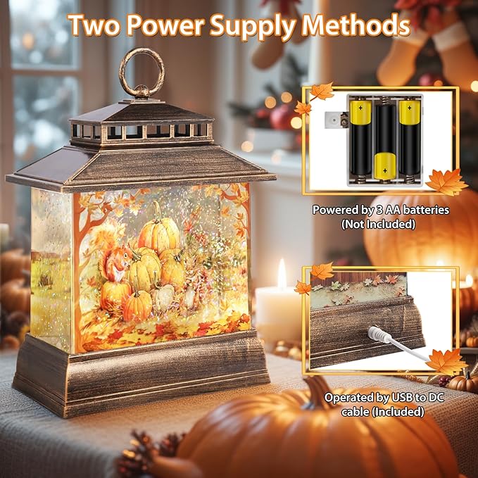 Fall Snow Globe Lantern Thanksgiving Pumpkins and Squirrels Water Lantern with Swirling Glitter 6H Timer Remote Control Fall Decorations for Home Thanksgiving Autumn Harvest (Pumpkin and Squirrel)