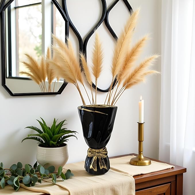 Black and Gold Bow Ceramic Vase - Flower Vases for Home Decor, Bow Decor, Boho Style, 9.65 Inch Flower Vases for Bouquet, Large Vase for Ideal Shelf Decor/Table (Black and Gold, Large)