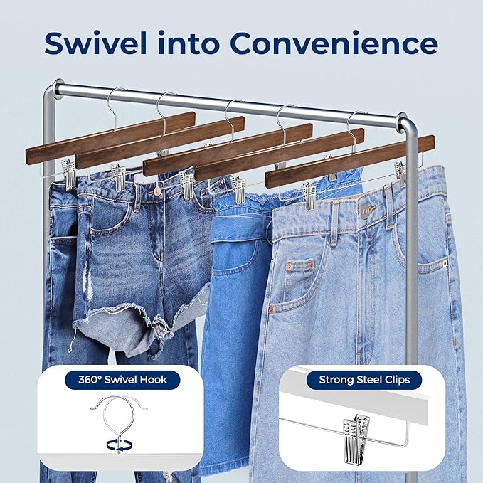 SereneLife 10 Pack Skirt and Pant Hanger with Adjustable Non-Slip Steel Clips, Premium Wooden, 360° Swivel Hook & 10 lb Capacity – Space-Saving Heavy-Duty Hangers for Jeans, Shorts & Slacks (Brown)