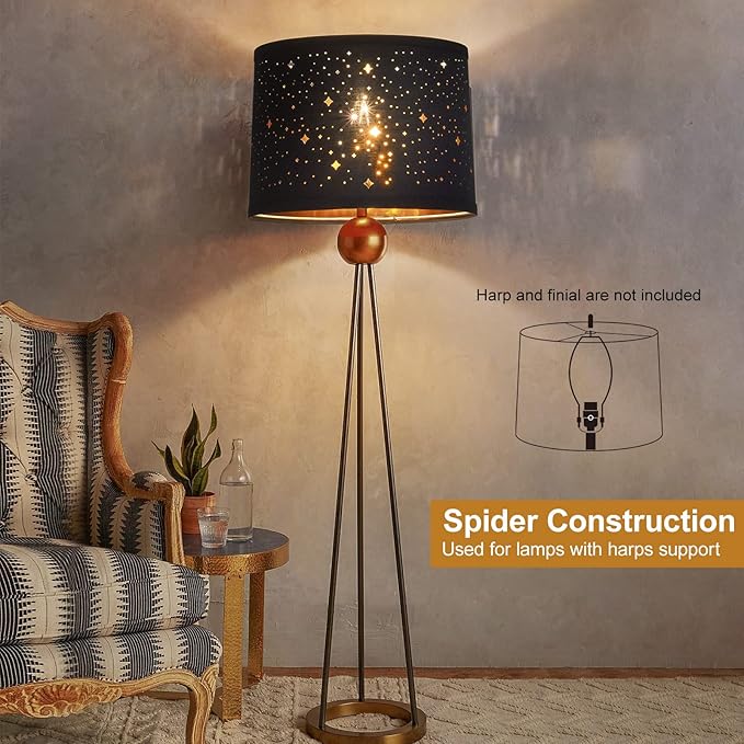 Black Lampshades Set of 2, Drum Lamp Shades with Sky Stars Design, 11.6" x 12.6" x 9.8" Inches Medium Lampshades for Table Lamp, Floor Lamp, Pendant Light, Harp Holders Included, Easy Assembly