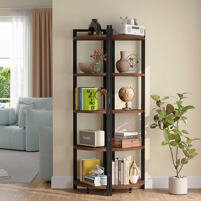 FATORRI Tall Corner Shelf, Industrial Corner Bookshelf, Wood and Metal Corner Shelf Stand for Living Room, Rustic Display Plant Stand for Home Office (Medium Walnut)