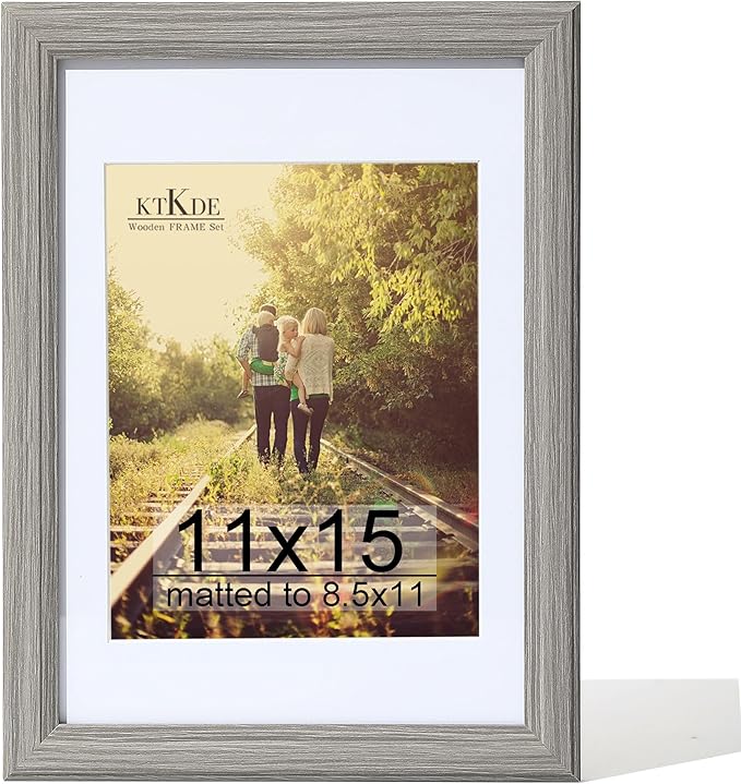 KTKDE 11x15 Picture Frame,Display Pictures 8.5x11 with Mat or 11x15 Without, Tempered Glass,15 by 11 Gray Wooden Frame Wall Gallery Poster Frame best gift