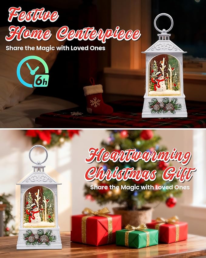 Christmas Snowman & Cardinal Snow Globe Light up Lantern with 8 Songs, 8" White Christmas Snow Globes for kids adults, 6H Timer & Dual Power Snowglobes Christmas Decorations Indoor Gifts for Women Men