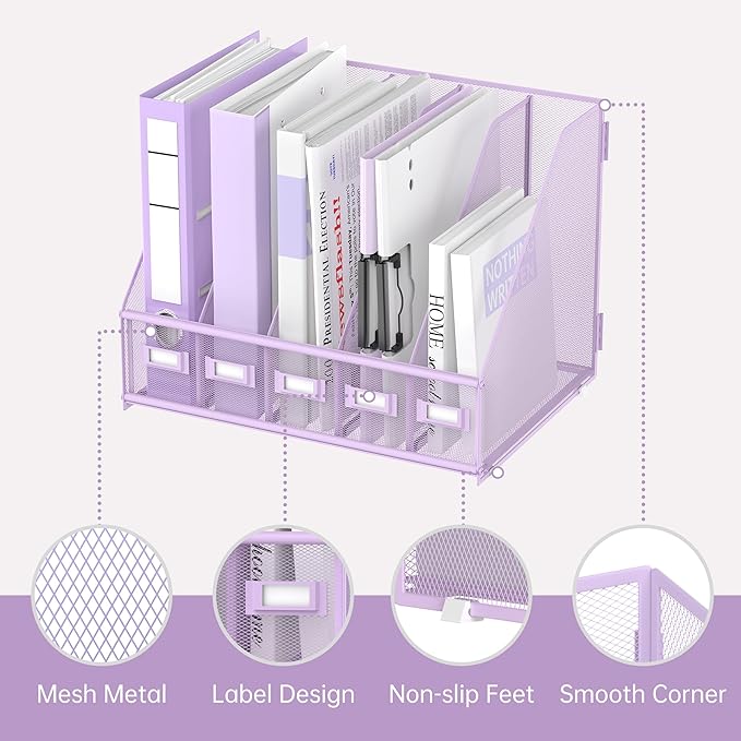 SUPEASY Desk Organizers Metal Desk Magazine File Holder with 5 Vertical Compartments Rack File Organizer for Office Desktop, Classroom, Home Workspace, Purple Plus