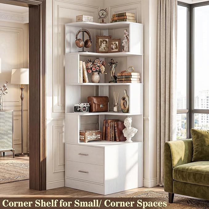 Armocity Corner Bookshelf with Drawers, 7 Tier Corner Book Shelf Display Bookcase, Freestanding L Shaped Bookshelf for Bedroom, Living Room, Home Office, White
