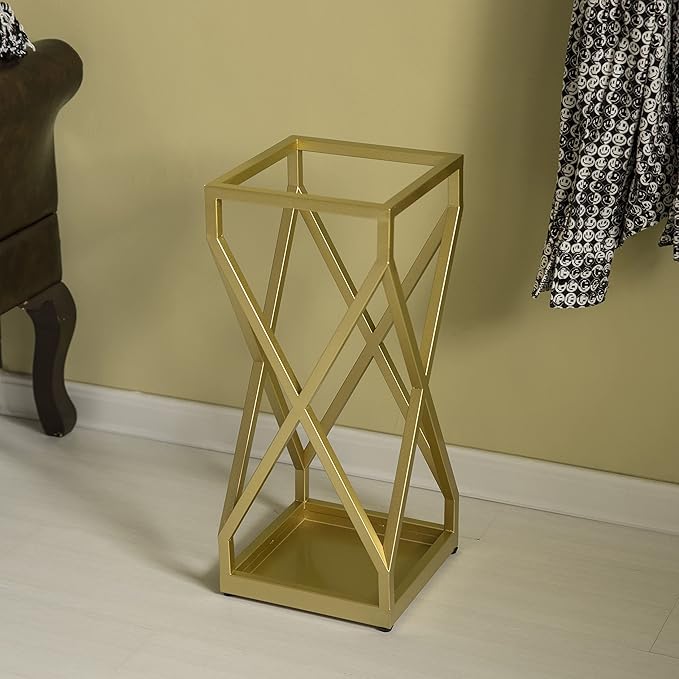 Vintiquewise Decorative Gold Square X Design Umbrella Holder Stand for Indoor and Outdoor