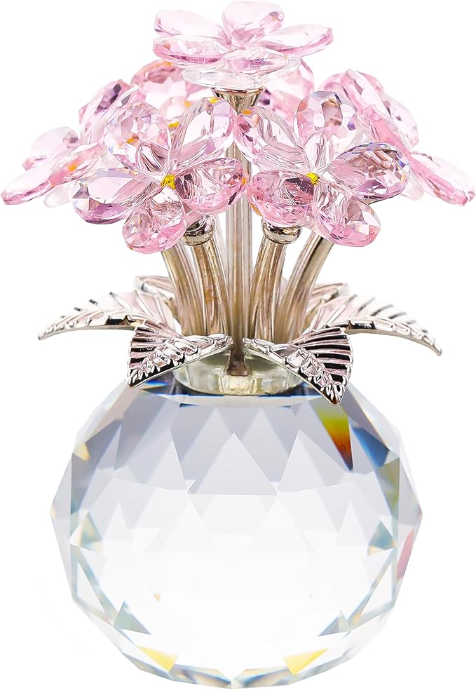 Qianwei Pink Forget Me Not Crystal Flowers - Sympathy Glass Flowers Collectible Figurines Decor Paperweight Ornament Home Office Table Desk Decorations