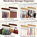 2 Pack Tie Hanger for Closet, Wooden Tie Racks Hanger with Upgraded 360°Rotating, Space-Saving Belt Holders with 8 Hooks, Closet Storage for Tie,Tank Top,Bra, Scarf,Hat