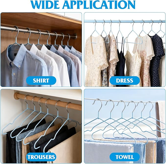 150 Pack Clothes Hangers,Non Slip Blue Plastic Coated Metal Coat Hanger for Closet,Sturdy Thin Hangers Bulk Space Saving Hangers for Pants,Skirt,Shirt,Dress,Tie