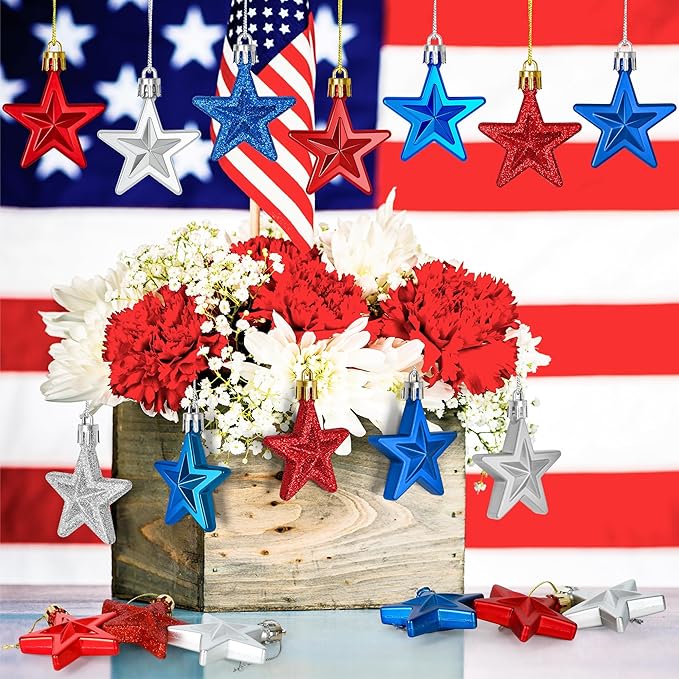 24PCS 4th of July Decorations for Tree, Patriotic Star Shaped Ornaments, Pre-Assembled Red Silver and Blue Star Ornaments, 250 Anniversary USA Merchandise for Memorial Day Fourth of July Party Decor