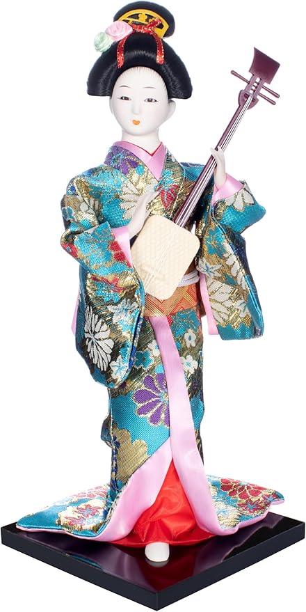 ALAMIYA Home Decoration Asian Japanese Geisha Kimono Doll Collectible Figurine Gift with Paper Fan