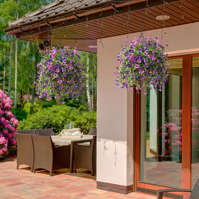 Artificial Hanging Flowers for Outdoors Spring Decoration, 2PCS Silk Fake Daisy Realistic Outdoor Flowers UV Resistant Porch Patio Window Yard Decor(Dark Orchid)