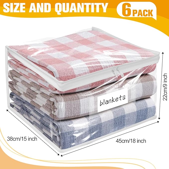Kikerike Plastic Storage Bags with Easy-Glide Zipper, Pack of 6, Durable Clear Vinyl Zippered Storage Bags for Clothes Sweaters Comforters Blankets Sheets Bedding (18 x 15 x 9 Inch)