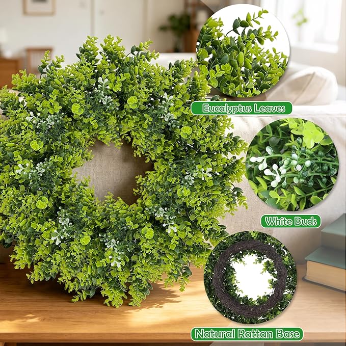 Large Boxwood Wreath for Front Door, 28" Artificial Spring and Summer Greenery Wreathwith White Flower Buds, All-Season Home Decor for Walls, Windows, Parties, Weddings, Indoor Outdoor