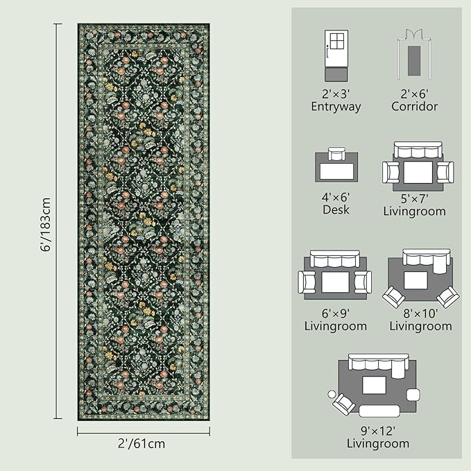 Vintage Botanical Dark Green Washable Runners for Hallways, 2x6 Runner Rug Non Slip Ultra-Thin, Boho Soft Hallway Rug Forest Green Carpet for Kitchen Bedroom Bathroom Laundry Room