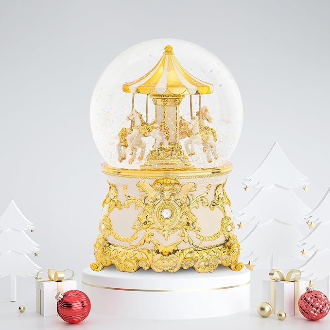 Carousel Music Box Gold & Ivory Christmas Snow Globes, 7.1" Glass Rotate Carousel Snow Globe for Kids & Adults, Classic Wind up Musical Snow Globe Birthday Gifts, Carousel Horse Home Decor
