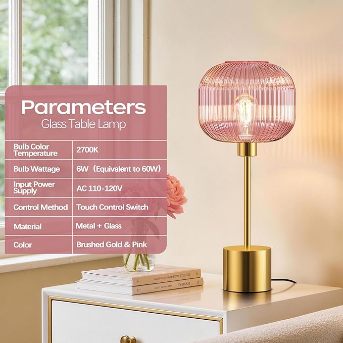 QiMH Glass Table Lamp for Living Room, Modern Bedside Lamp with Pink Ribbed Glass Shade, 3-Way Dimmable Touch Control Nightstand Lamp for Bedroom, Brushed Gold (2700K LED Bulb Included)