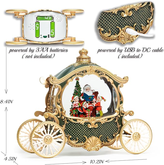 Christmas Santa Snow Globe, Green&Gold Carriage Musical Lighted Water Lantern, Swirling Glitter, USB Powered and Battery Operated, Xmas Home Décor Gift(Green Car)