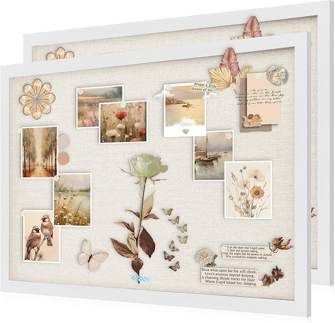 AKTOP 2 Pack White Cork Bulletin Board with Linen 20" X 30", Large Framed Corkboard for Wall, Hanging Pin Board Picture Board for Home Office Decor, Cute Vision Board with Pushpins