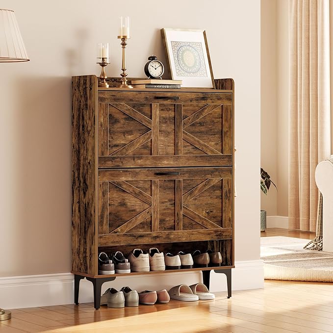 Shoe Storage Cabinet, Shoe Organizer with 2 Flip Drawers, Hidden Shoe Storage for Entryway, Freestanding Organizer with Open Storages, Rustic Brown SHHR9401N1