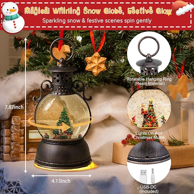 Christmas Snow Globe Lantern - Lighted Musical Water Globes with 6H Timer, Glittering Swirling Nutcracker & Train Scene, Battery/USB Powered Holiday Decoration for Indoor Christmas Decor & Gifts