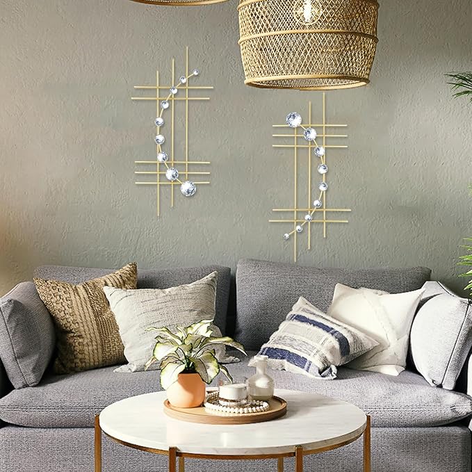 ZEXUIRU 2 Pcs Abstract Metal Art for Wall Decor Living Room Bedroom Bathroom Office Metal Bling Modern Geometric Hanging Vertical Small Iron Sculpture Plaque Pack -Gold 24in