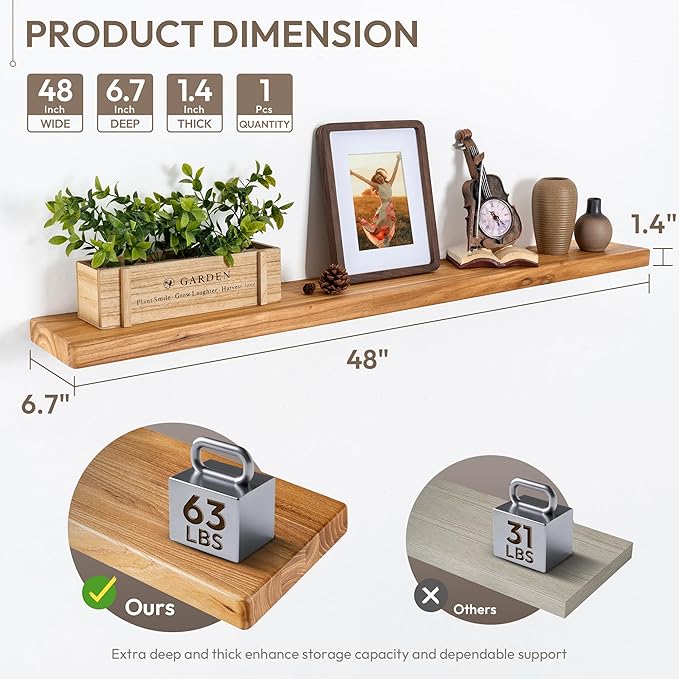 Marsmiles 48 inch Floating Shelves for Wall Solid Elm Wood Wall Mounted Shelves|Rustic Long Floating Shelves with Invisible Bracket for Bathroom Kitchen|Rounded Edge|Natural, 1 Pack