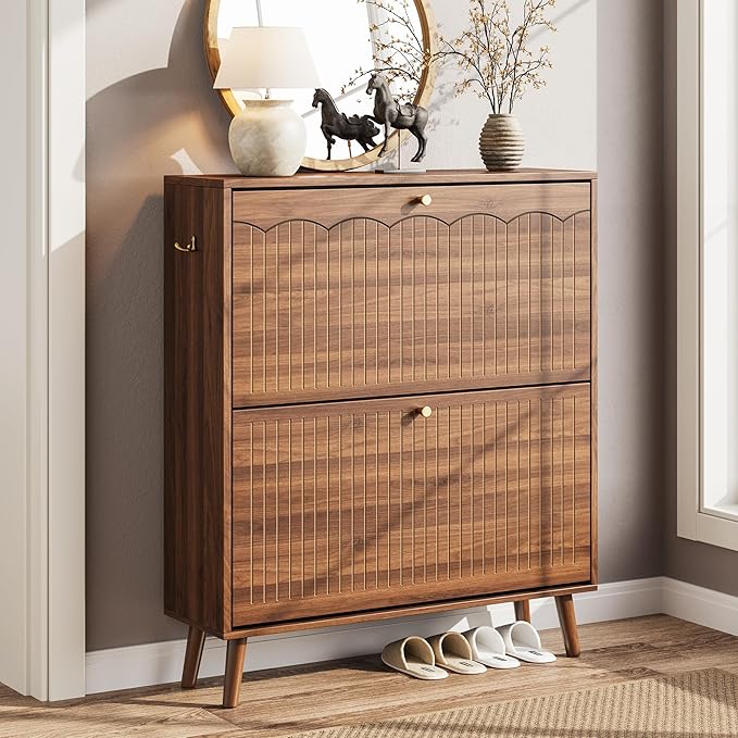 Nicetree Mid-Century Modern Slim Shoe Cabinet for Entryway, 9.45" Narrow Shoe Storage Cabinet with Architectural Arched Fluted Front, Entryway Shoe Storage with Adjustable Shelves,Classic Walnut