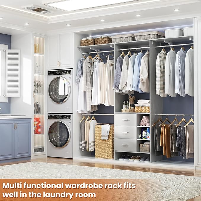 Aheaplus Closet System, Closet Organizer with 3 Wooden Drawers, 8FT Closet Organizer System, 96’’ Walk-in Closet Wardrobe Clothes Rack with Hanging Rods, Garment Rack, Fits 5.3-9 ft, -G6, Grey