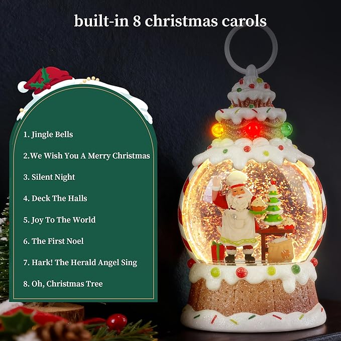 Santa Christmas Snow Globe， Musical Snow Globe，LED Lights and Swirling Glitter, Santa Chef Baking Theme Christmas Decorations Indoor, Gift for Adults and Kids