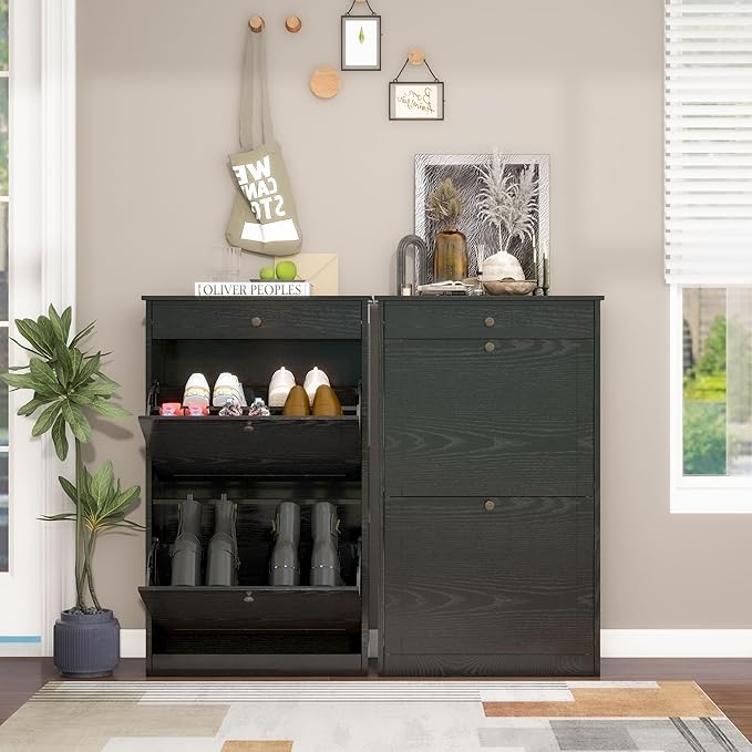 Shoe Storage Cabinet with 2 Flip Doors Set of 2, Wooden Narrow Shoe Cabinet Organizer with Drawer, Freestanding Hidden Shoe Rack with Adjustable Shelf for entryway, Hallway, Living Room, Black