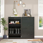Shoe Storage Cabinet with 2 Flip Doors Set of 2, Wooden Narrow Shoe Cabinet Organizer with Drawer, Freestanding Hidden Shoe Rack with Adjustable Shelf for entryway, Hallway, Living Room, Black