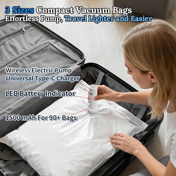 Vacuum Sealing Bags for Clothing Travel,Space Saver Vacuum Storage Bags with Air Pump,Compression Packing for Luggage and Clothes Travel (9 Combo Bags+Electric Pump)