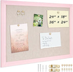 DOLLAR BOSS Bulletin Board with Linen 24'' x 18'' Pink Framed Cork Boards for Walls, Photo Display Pin Board, Decorative Corkboard for Office Home School Girls Dorm Decor with 10 Pushpins, White