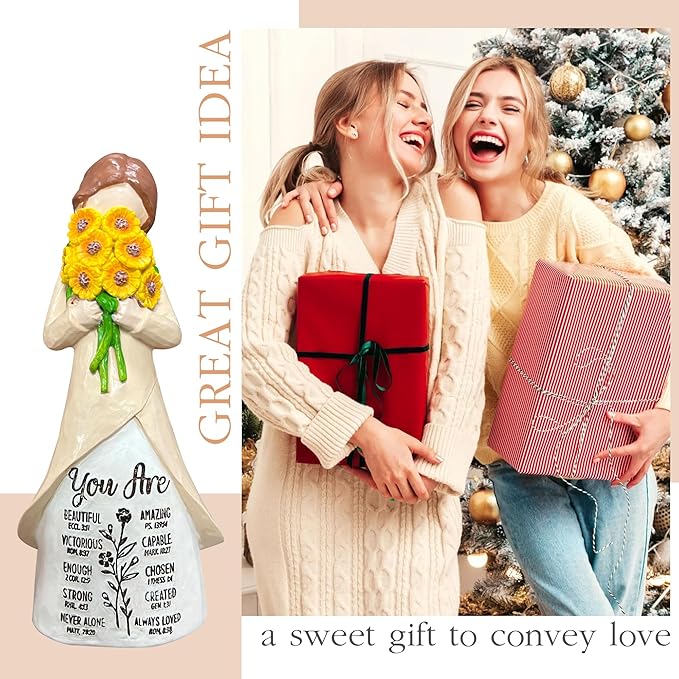 Christian Figurine for Women – “You are” Sunflower Resin Doll with Bible Verses – Hand-Painted Spiritual Statue Decor – Religious Faith Gift for Women – Home & Church Christmas Keepsake