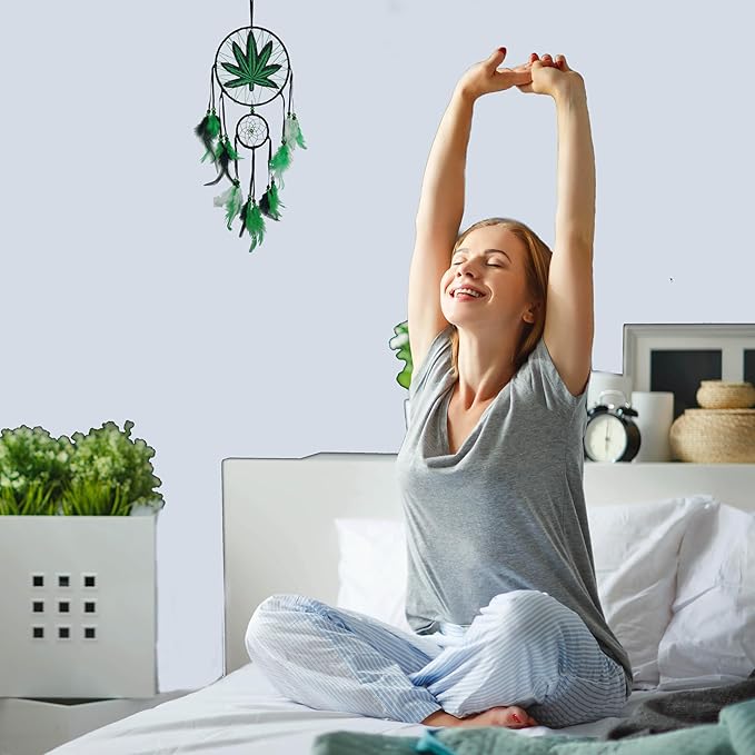 Green Leaf Weed Dream Catcher Wall Hanging Decor Bedroom Adult Living Room Home Bohemian Decorations (Two Rings)