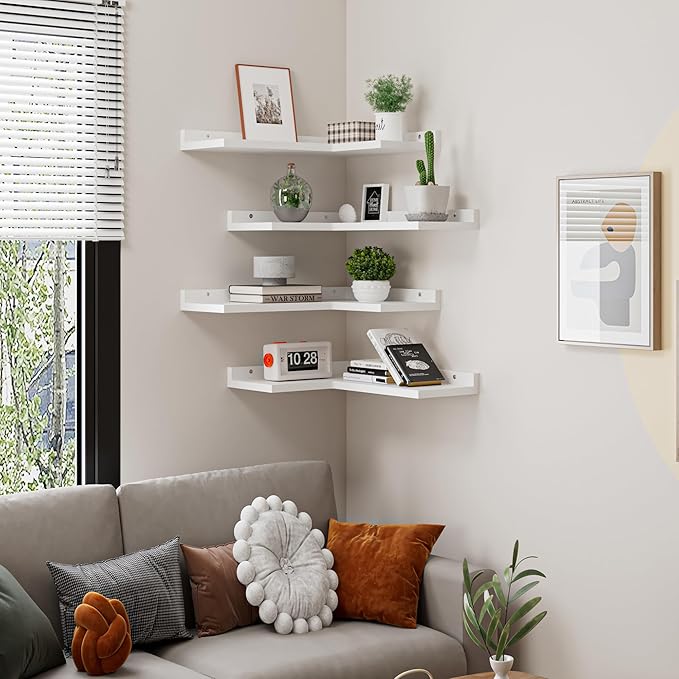 4-Tier Corner Floating Shelves, Rustic Pine L-Shaped Shelves for Creative Wall Storage in Bedroom, Bathroom & Any Room - White