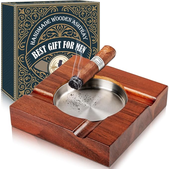 Wood Cigar Ashtray Cigarettes Ashtrays for Indoor Outdoor Patio Home Office Use Square Wooden Brown Cigar Ash Tray Gifts for Men with GIFT BOX (Classic)
